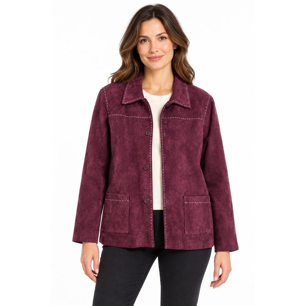 Denim & Co Womens XL Plum Purple Suede Leather Button Front Jacket Pick Stitch